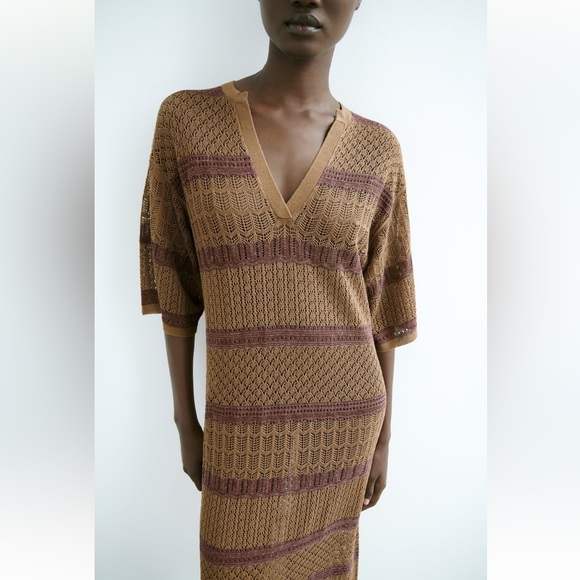 Zara LONG KNIT KAFTAN DRESS. Ocher Color. Size XS-S. New with Tags. - Picture 2 of 7